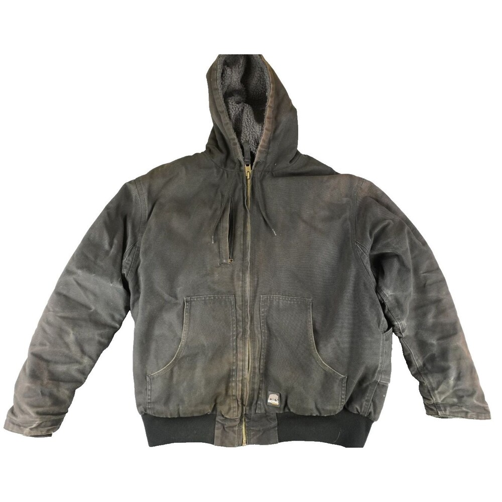Vintage Berne Duck Canvas Hooded Work Jacket Faded Black Fleece Chore Men's XL